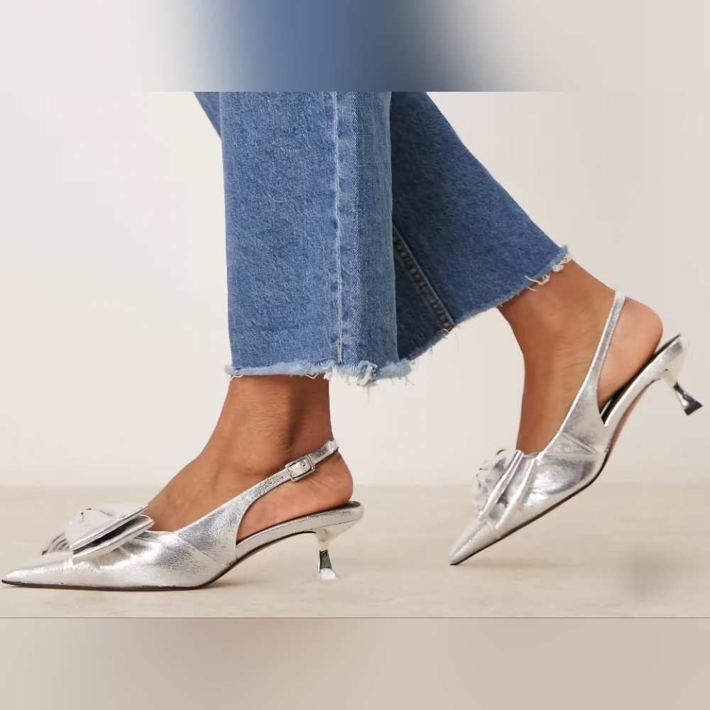 ASOS DESIGN Secret Bow 2" Slingback Kitten Heeled Silver Shoes NEW